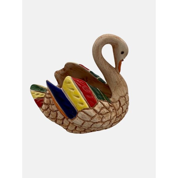 Handcrafted Ceramic Swan Miniature Planter Figurine With Multicolored Wings 4" - Picture 2 of 5